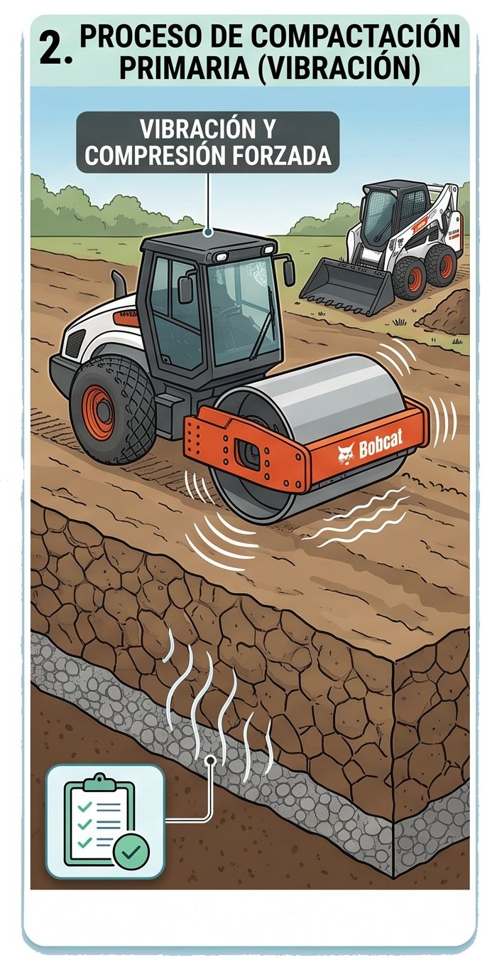 Rodillo compactador trabajando el terreno