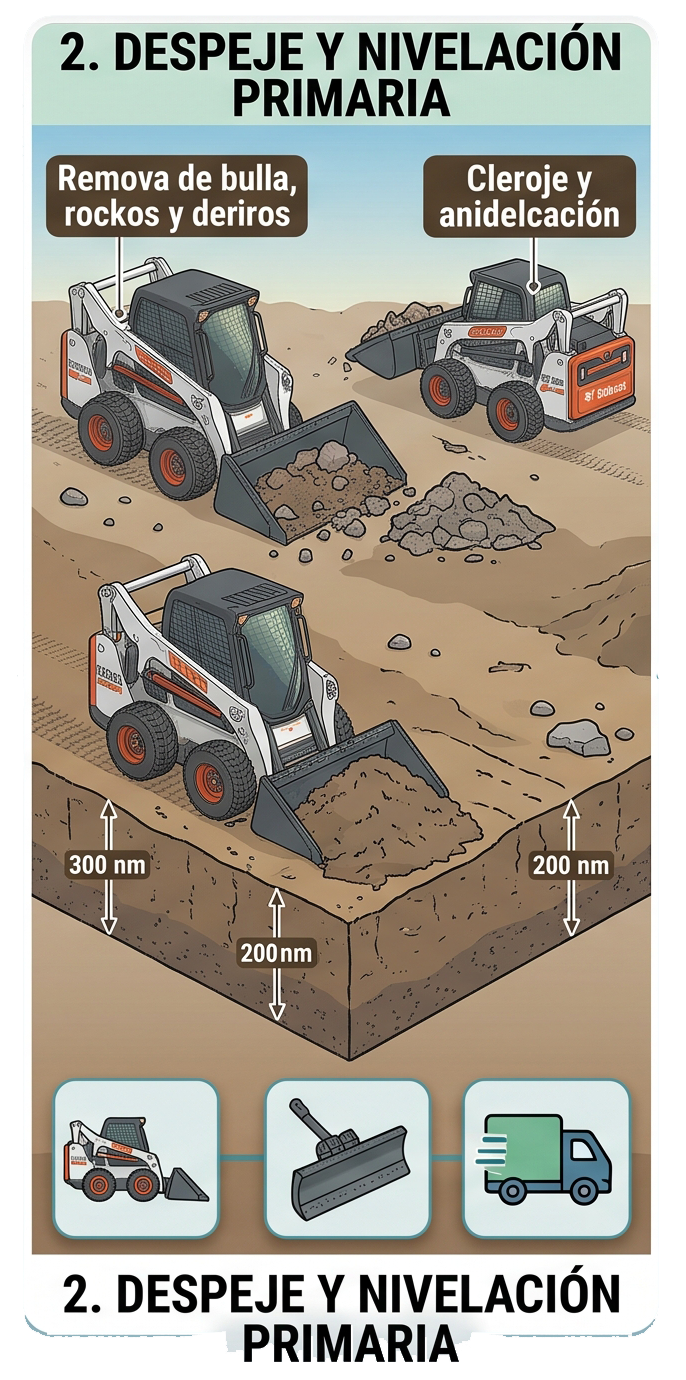 Trabajo de nivelación de terreno con minicargador